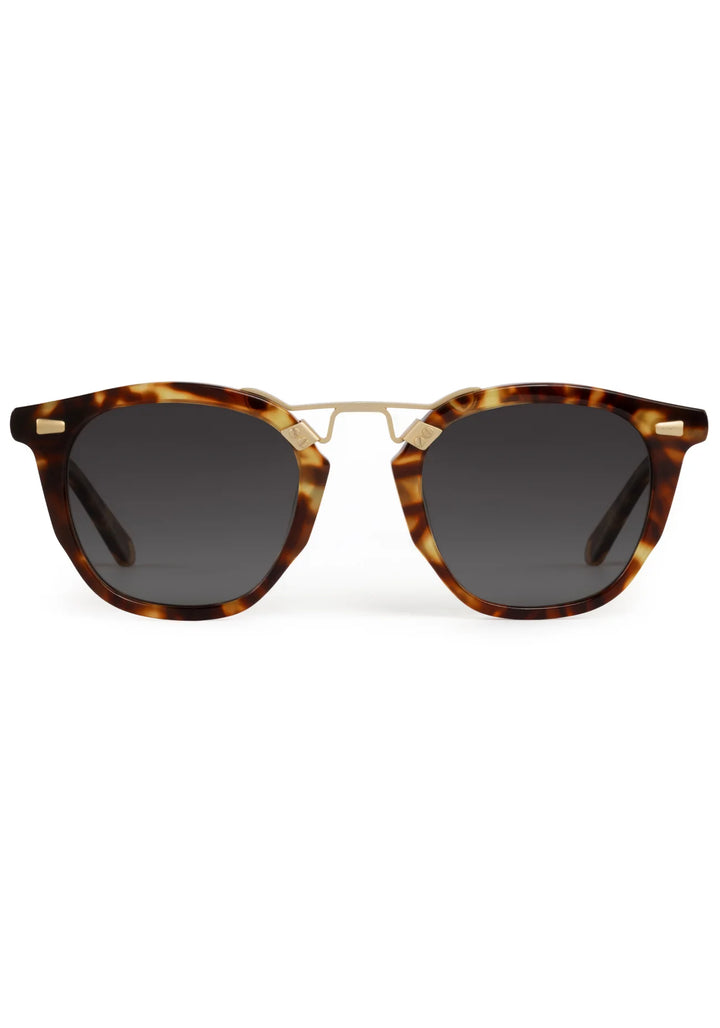 Sunglasses with tortoiseshell frame and dark lenses on a white background
