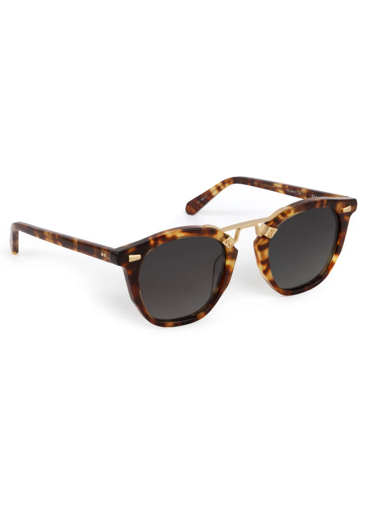 Tortoiseshell sunglasses with dark lenses on a white background