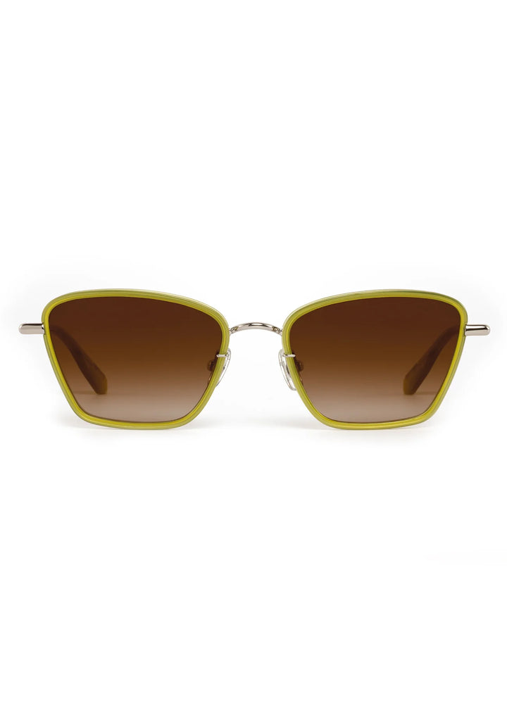 Sunglasses with green frame and brown gradient lenses on a white background