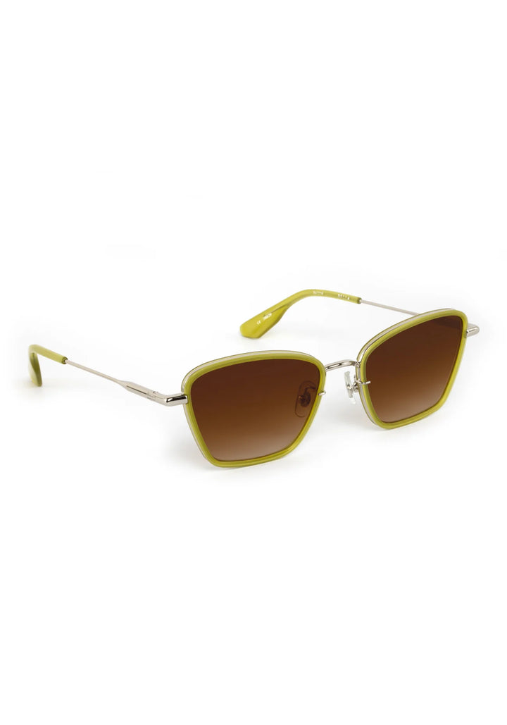 Gold-framed sunglasses with green lenses on a white background