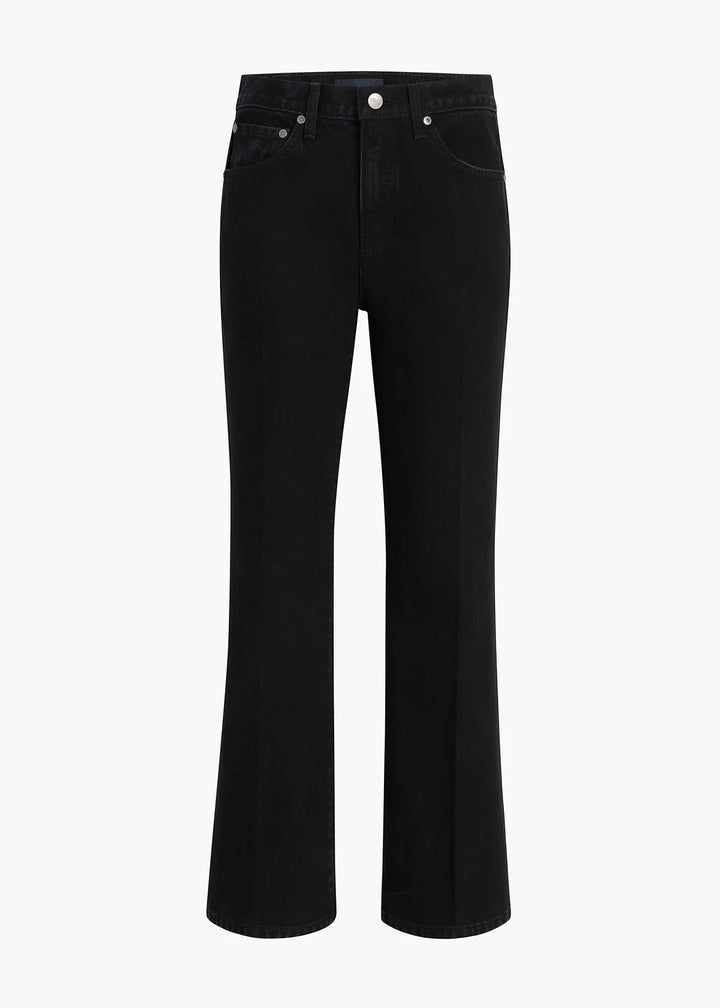 Black wide-leg cropped jeans with a straight-to-flared leg, shown on a plain white background.