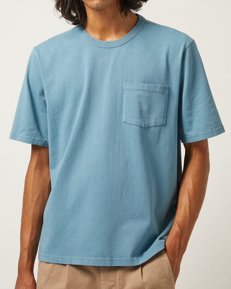 CORRIDOR BLUE T-SHIRT WITH CHEST POCKET ON MODEL