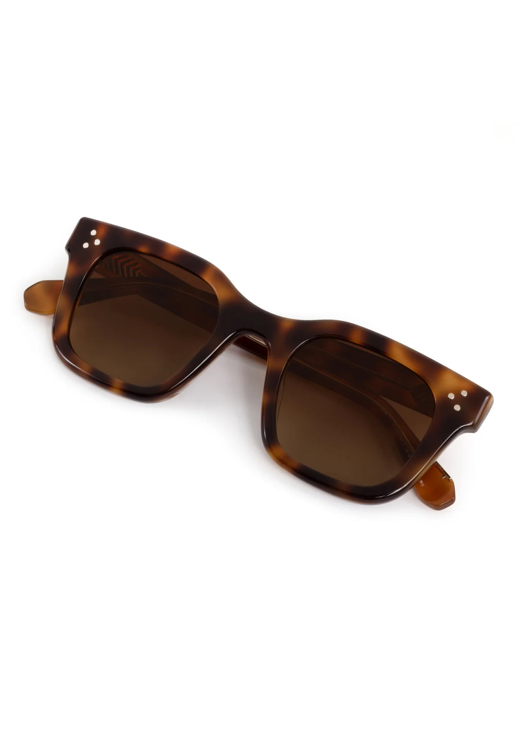 Sunglasses with tortoiseshell frame and brown lenses on a white background