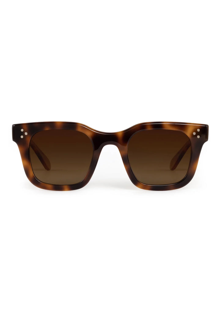 Sunglasses with tortoiseshell frame and brown lenses on a white background