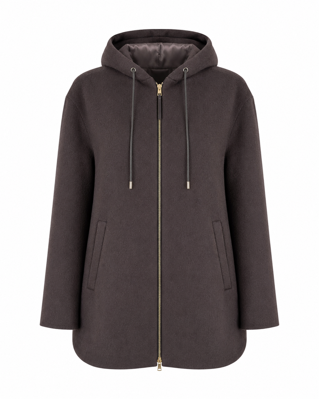 A dark brown hooded zip-up jacket with a gold-tone front zipper, matching brown drawstrings, and side pockets, shown against a plain white background.
