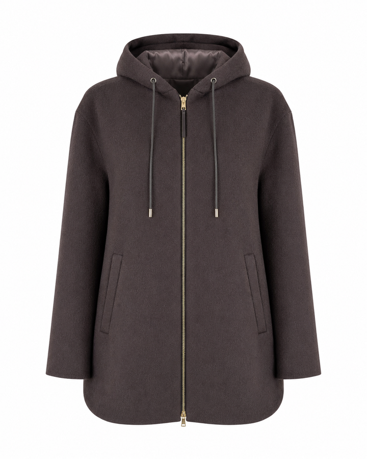 A dark brown hooded zip-up jacket with a gold-tone front zipper, matching brown drawstrings, and side pockets, shown against a plain white background.