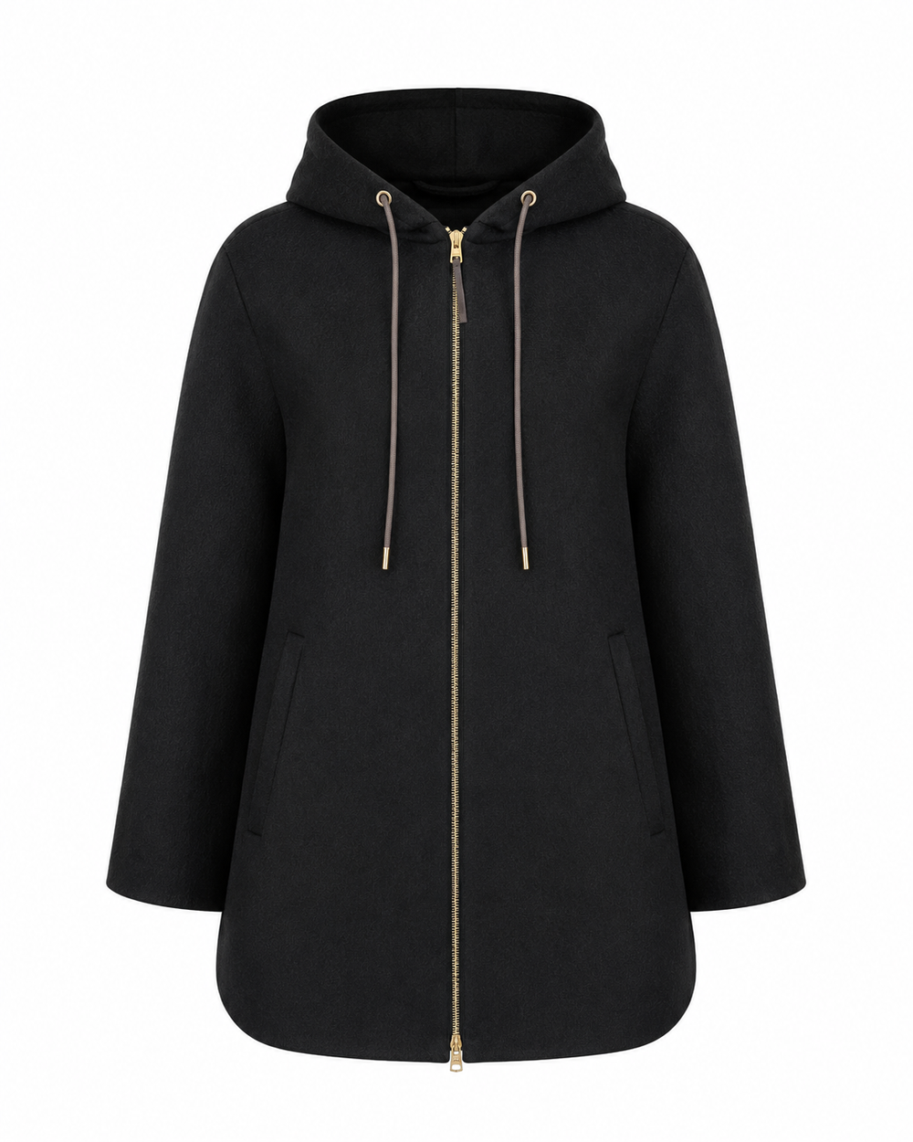 A black hooded jacket with a full front zipper, gold-tone hardware, and matching drawstrings, shown on a plain white background.