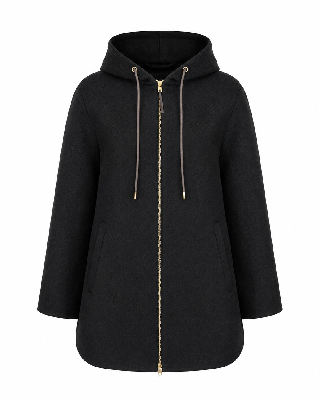 A black hooded jacket with a full front zipper, gold-tone hardware, and matching drawstrings, shown on a plain white background.