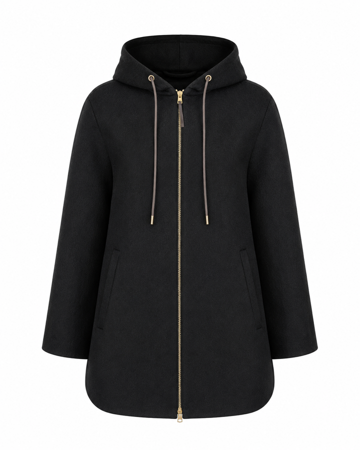 A black hooded jacket with a full front zipper, gold-tone hardware, and matching drawstrings, shown on a plain white background.