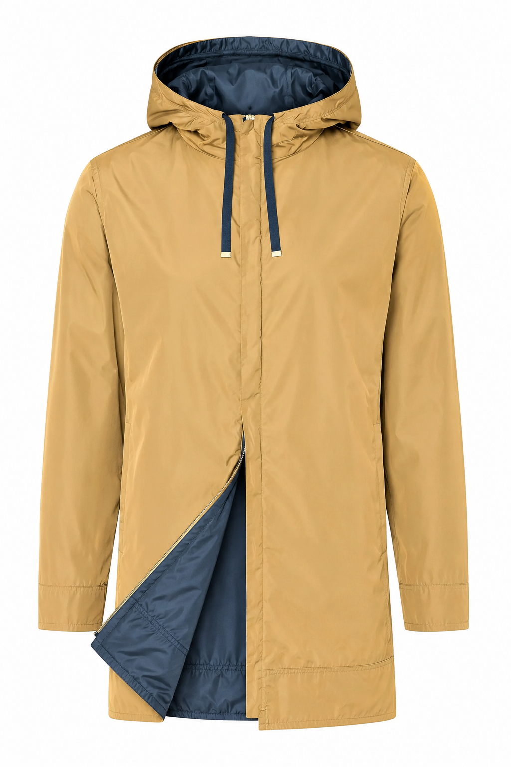 A hooded raincoat in a warm camel tan color, shown with the front zipper partially open to reveal a contrasting dark navy blue interior lining and hood.