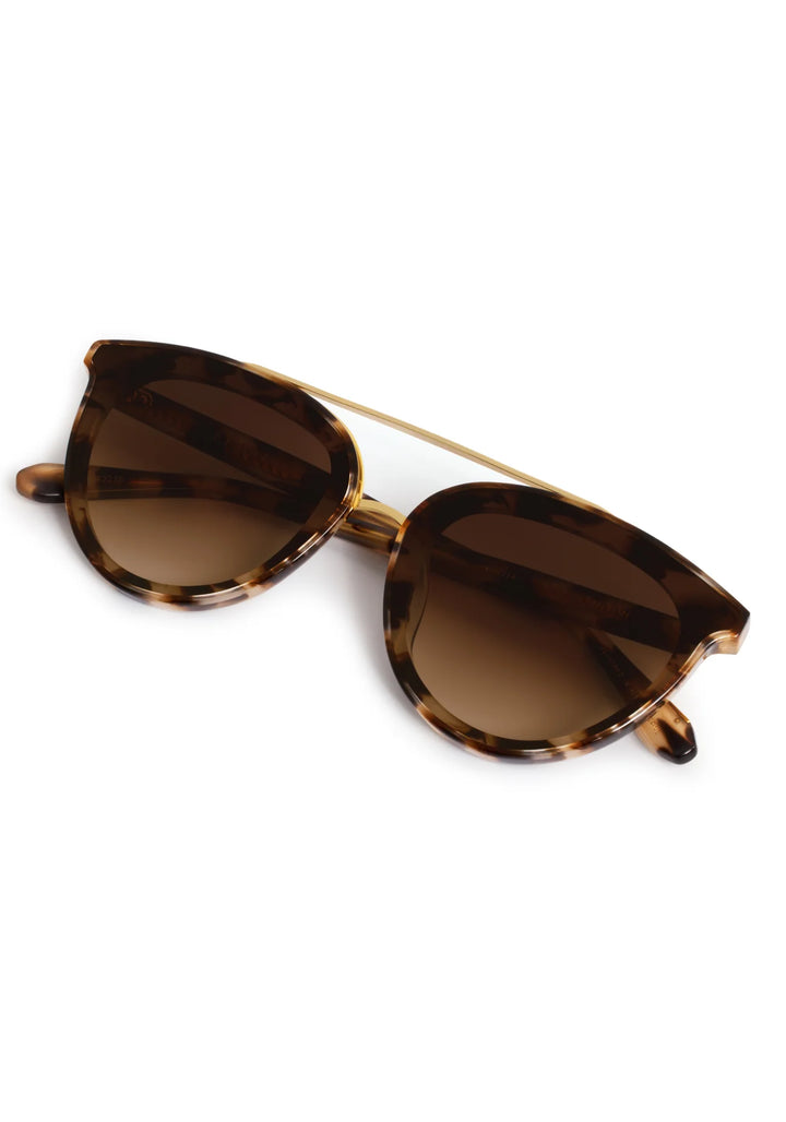 Sunglasses with tortoiseshell frame and brown lenses on a white background