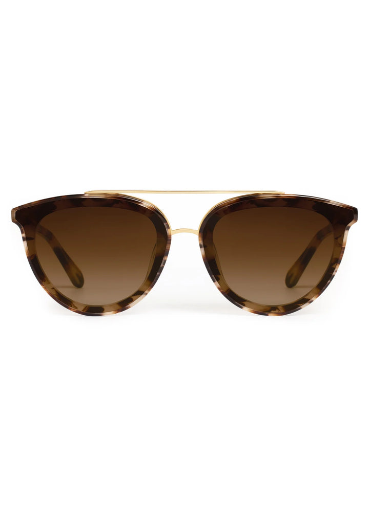 Sunglasses with tortoiseshell frame and brown lenses on a white background
