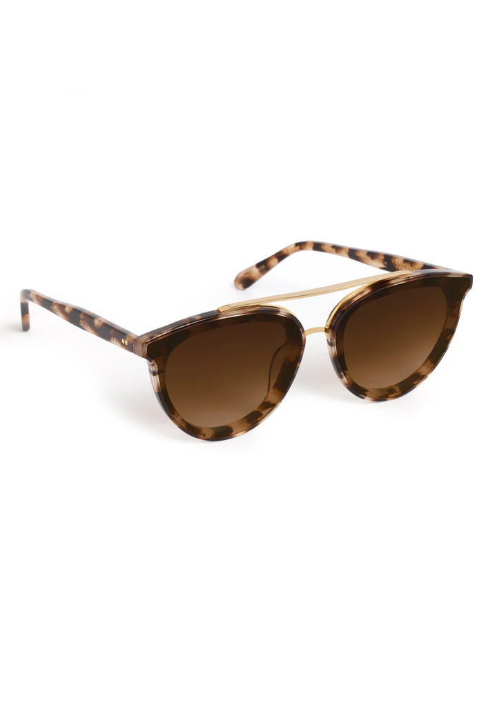 Sunglasses with tortoiseshell frame and brown lenses on a white background