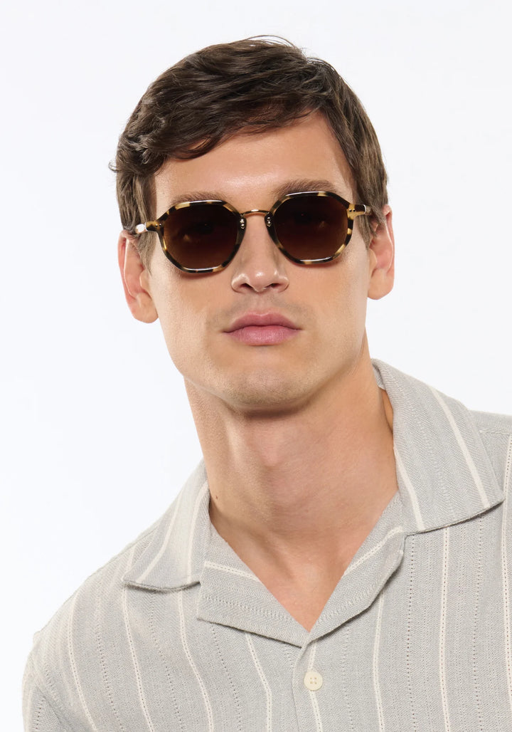 Man wearing sunglasses with a neutral background
