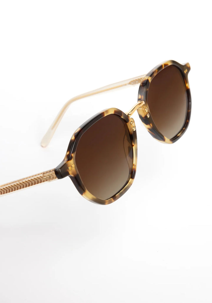Sunglasses with tortoiseshell frame and brown lenses on a white background