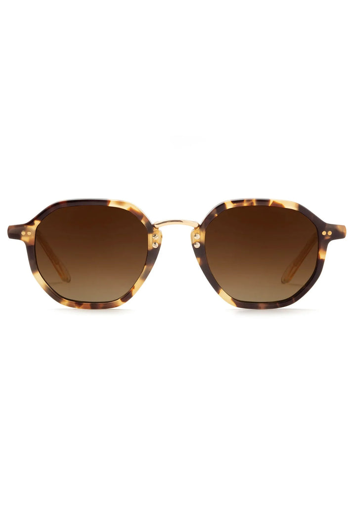 Sunglasses with tortoiseshell frame and brown lenses on a white background