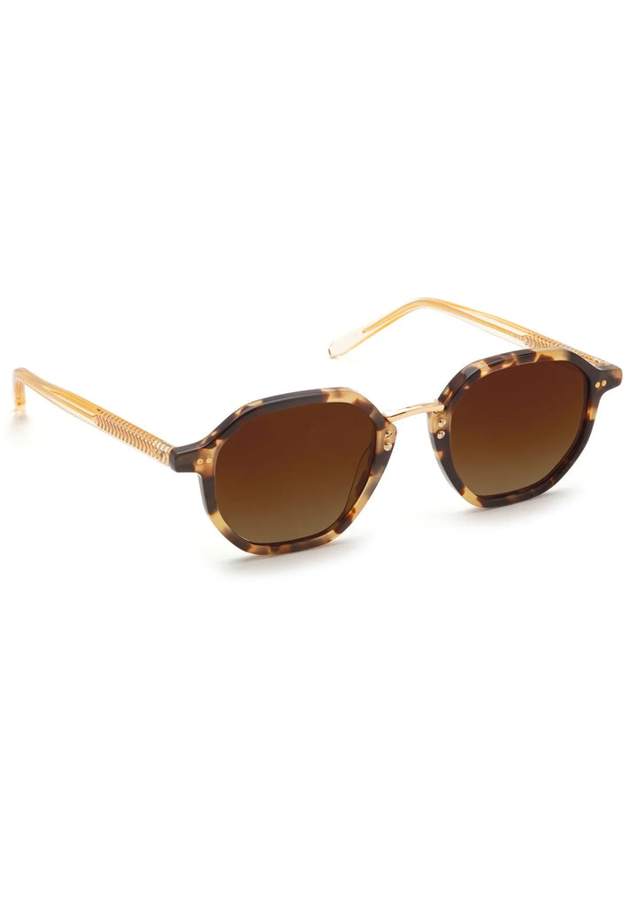 Sunglasses with gold frame and brown lenses on a white background