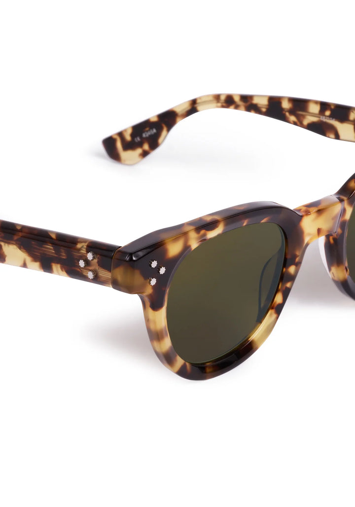 Sunglasses with tortoiseshell frame and dark lenses on a white background