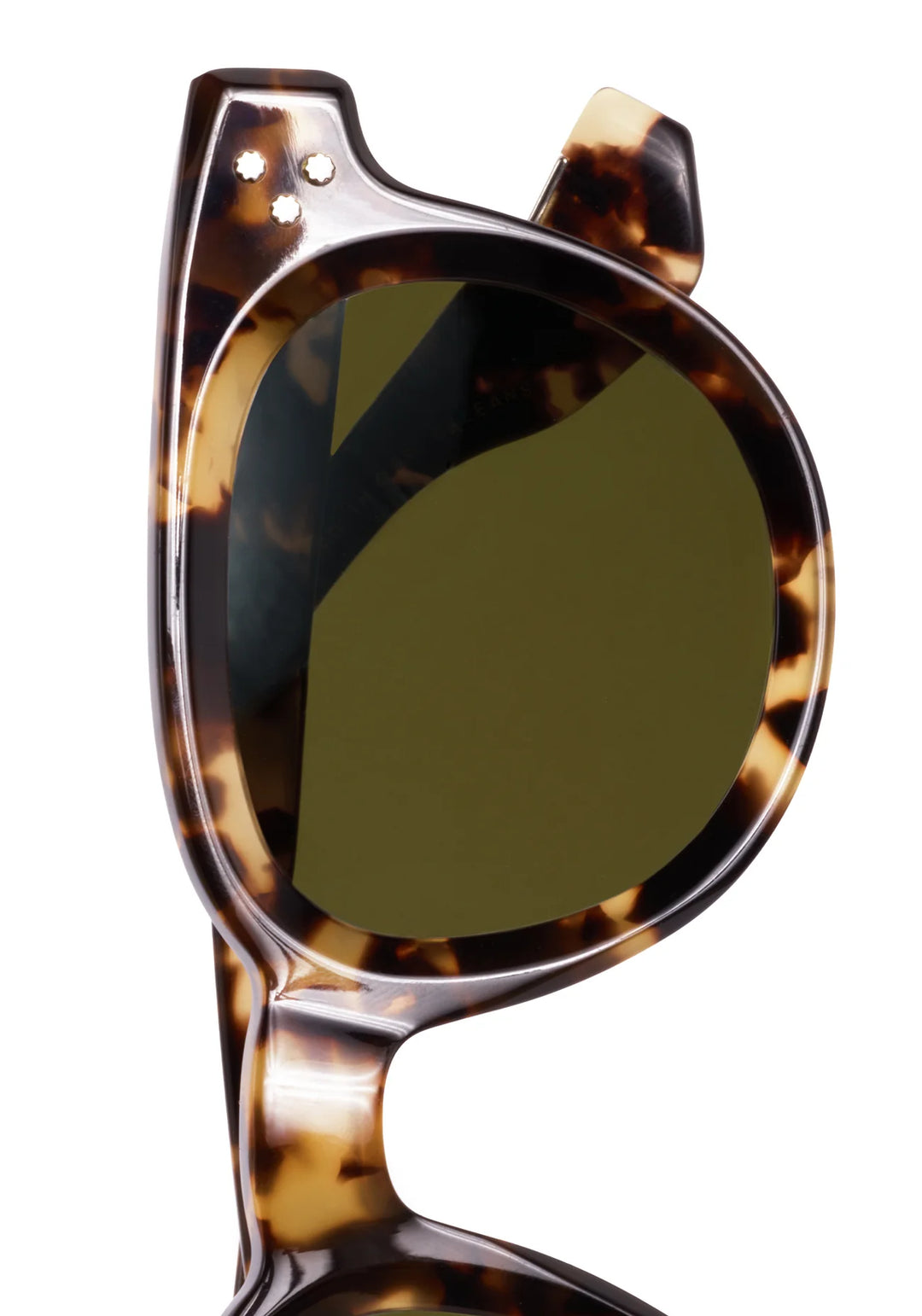 Sunglasses with tortoiseshell frame and dark lenses on a white background