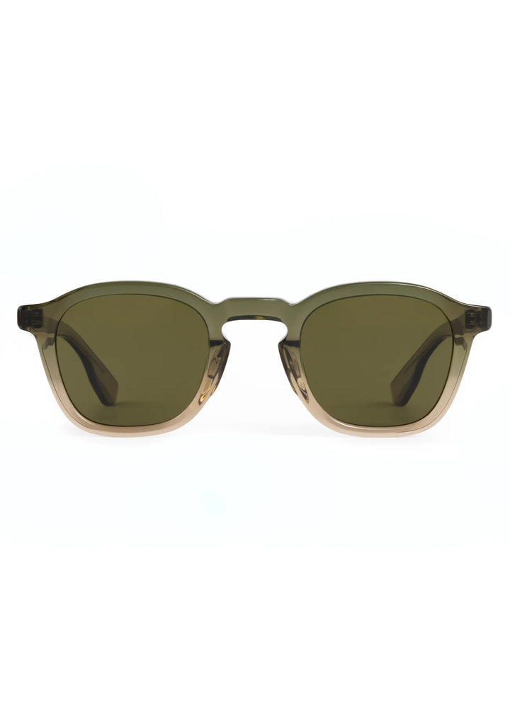 Sunglasses with green lenses and black frames on a white background