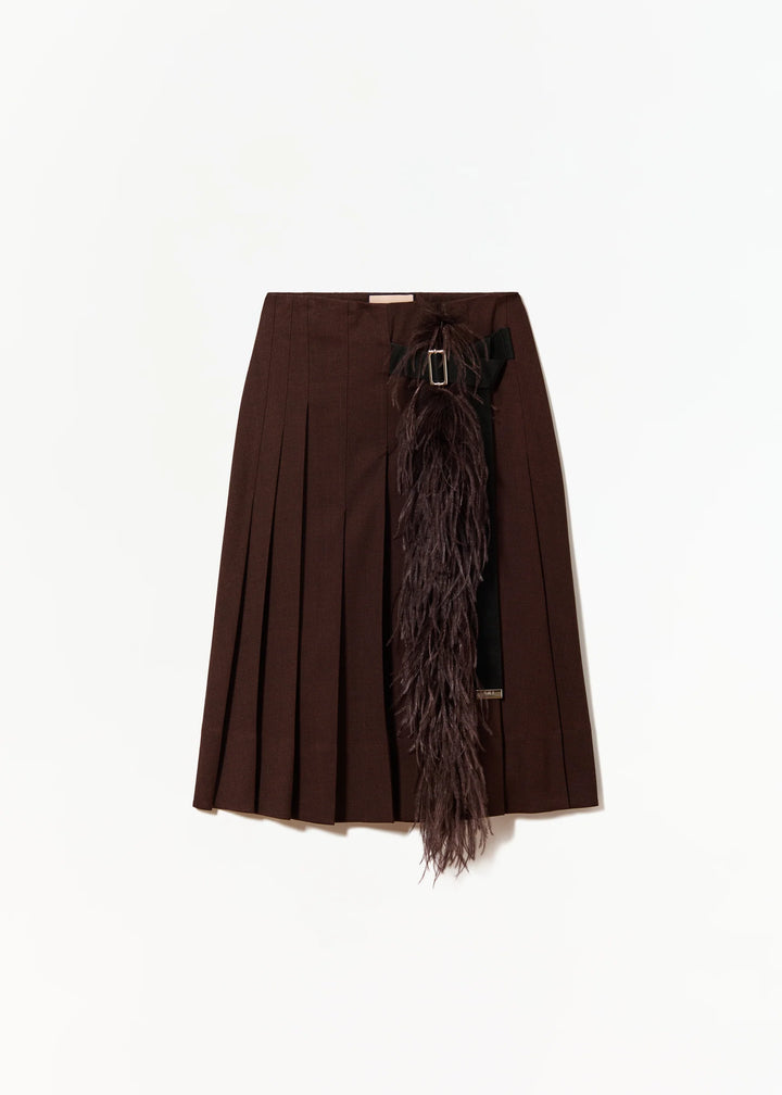 PLAN C PLEATED MIDI SKIRT WITH FEATERS