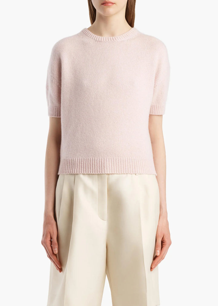 Person wearing a light pink short-sleeve sweater and beige pants on a white background