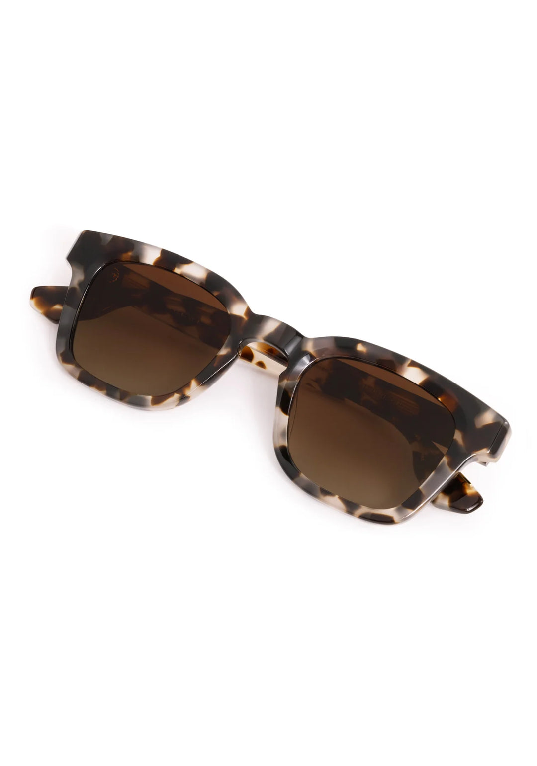 Sunglasses with tortoiseshell frame and brown lenses on a white background