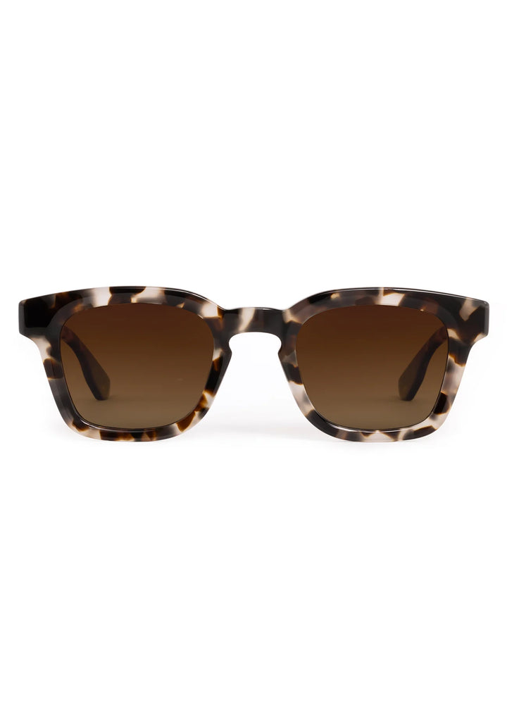 Sunglasses with tortoiseshell frame and brown lenses on a white background