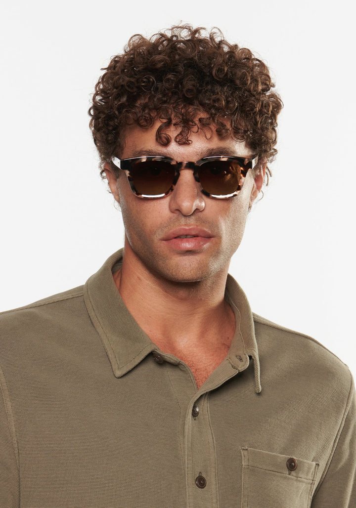 Man wearing sunglasses and a green polo shirt against a white background