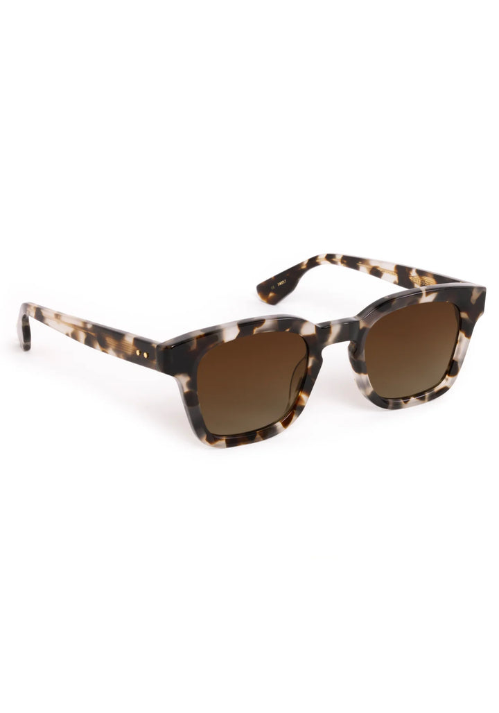 Sunglasses with tortoiseshell frame and brown lenses on a white background