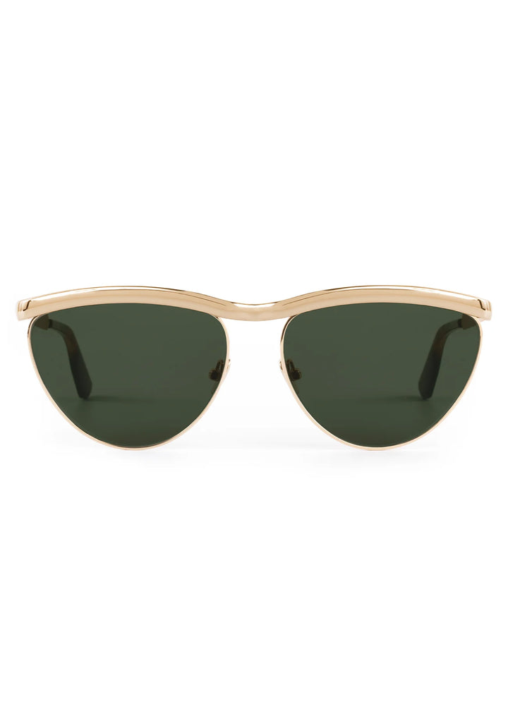 Sunglasses with gold frame and green lenses on a white background
