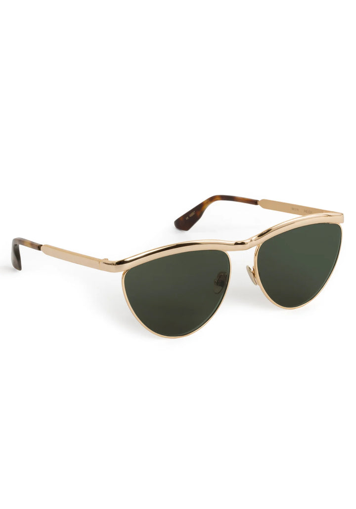 Gold-framed sunglasses with green lenses on a white background