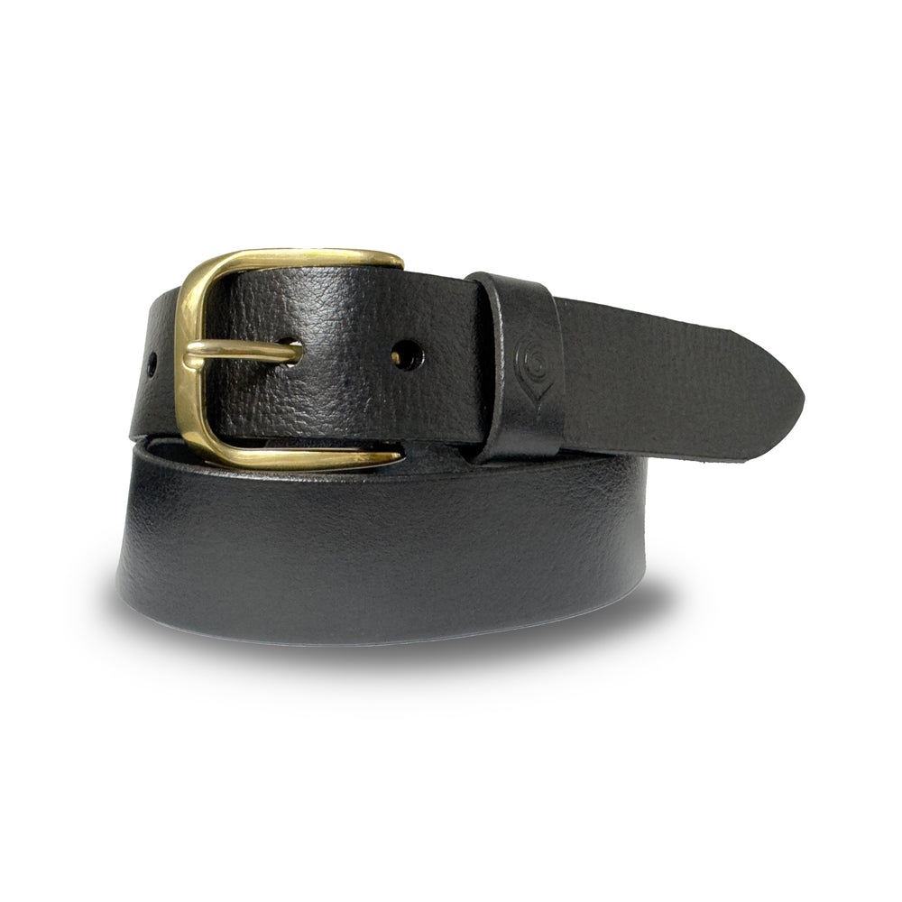 A black leather belt with a gold-colored buckle.