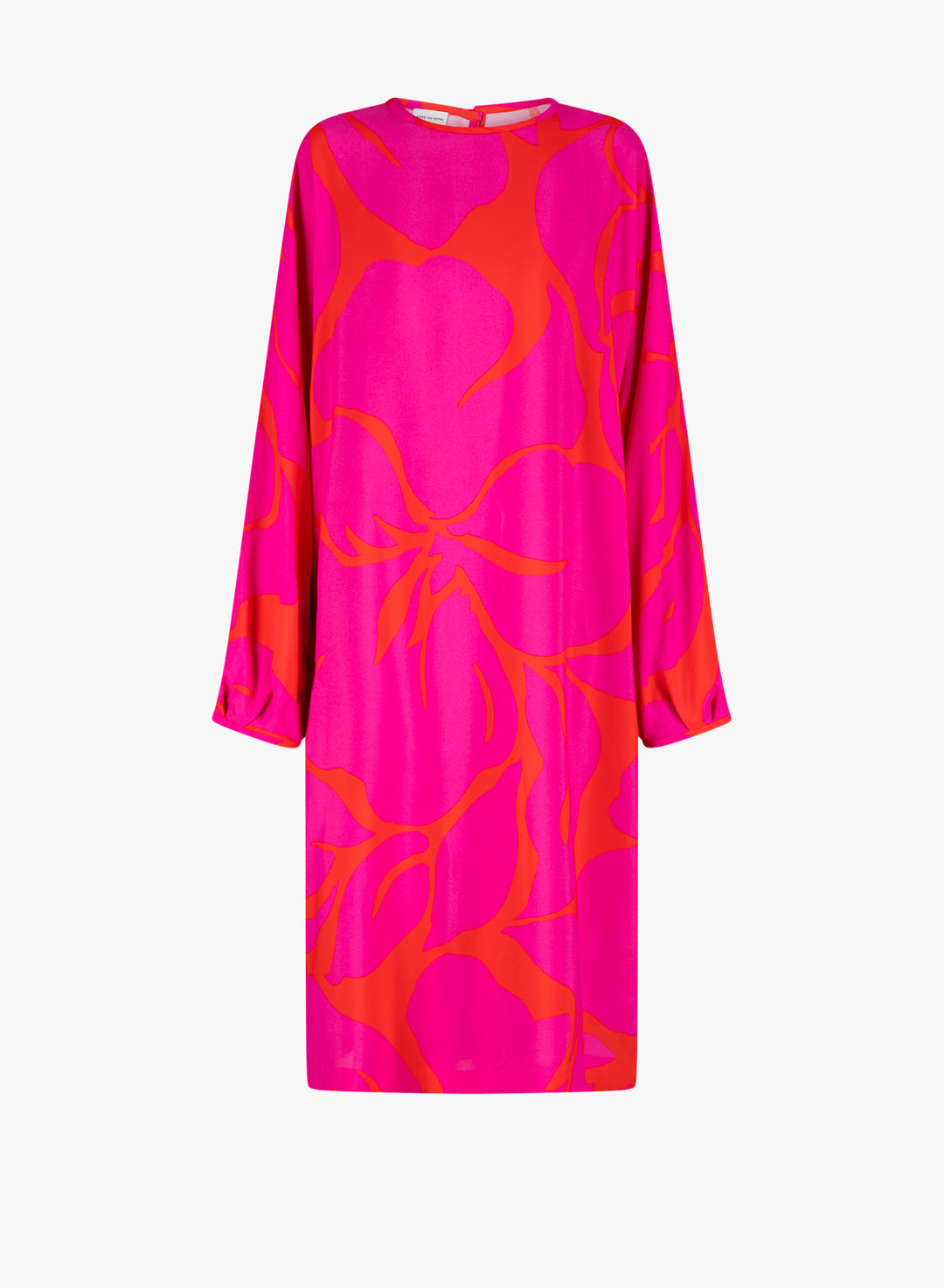 Pink dress with orange abstract pattern on a white background