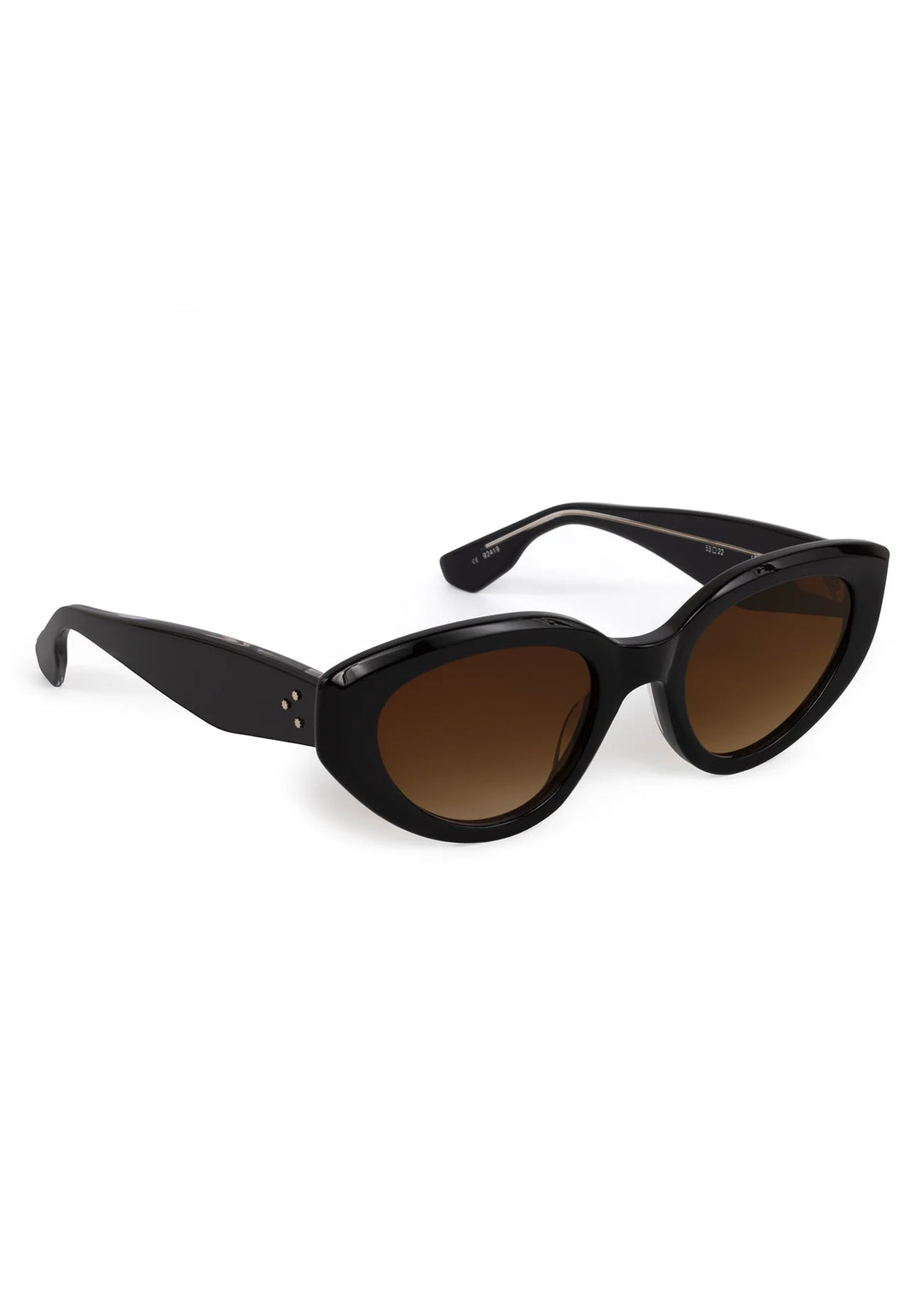 Black cat-eye sunglasses with brown lenses on a white background