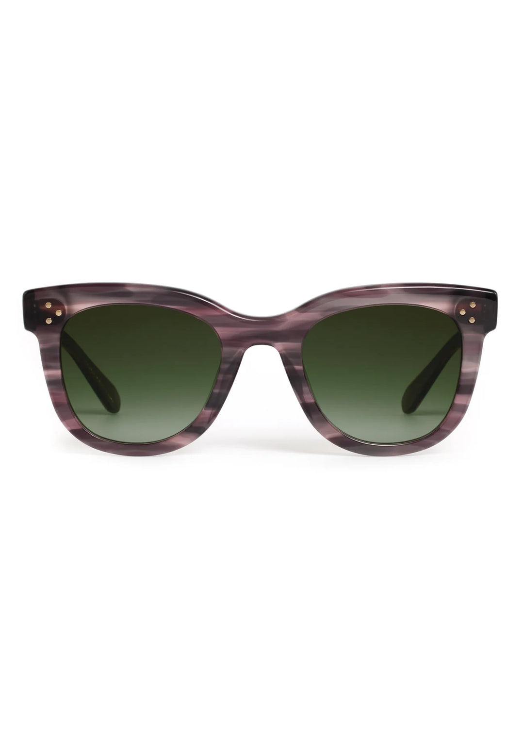 Sunglasses with purple frame and green gradient lenses on a white background