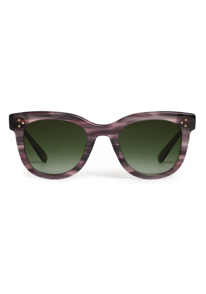 Sunglasses with purple frame and green gradient lenses on a white background