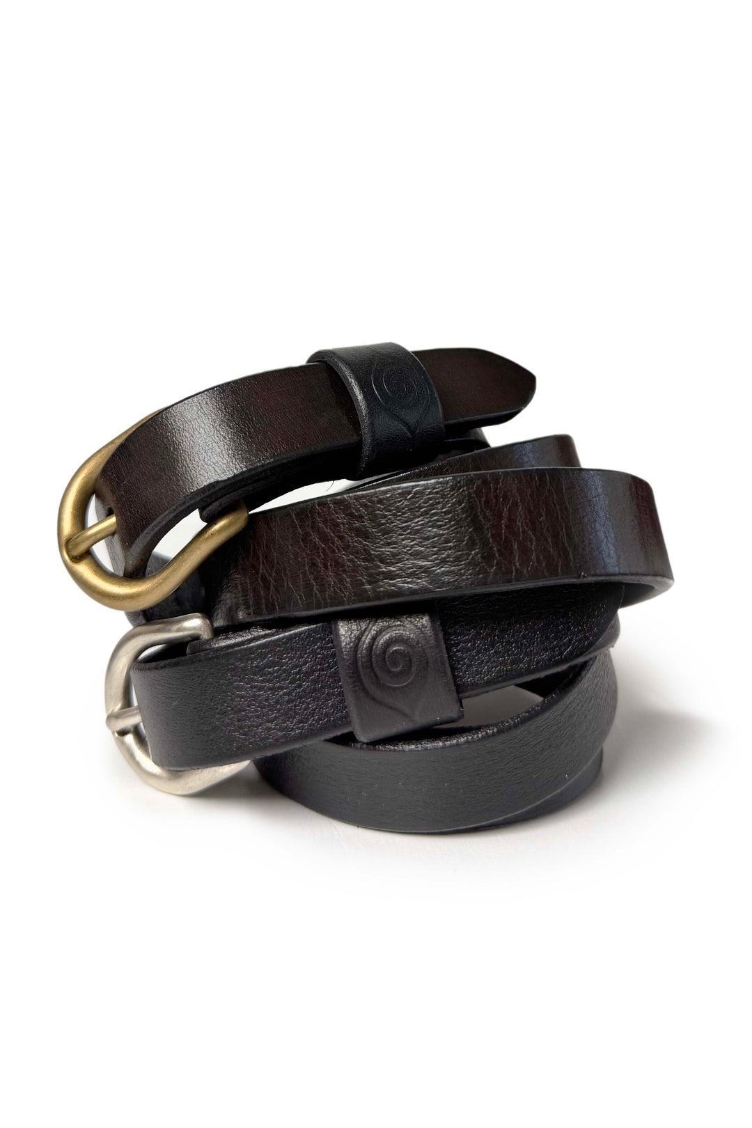 A black leather belt with a metallic buckle, displayed on a white background.