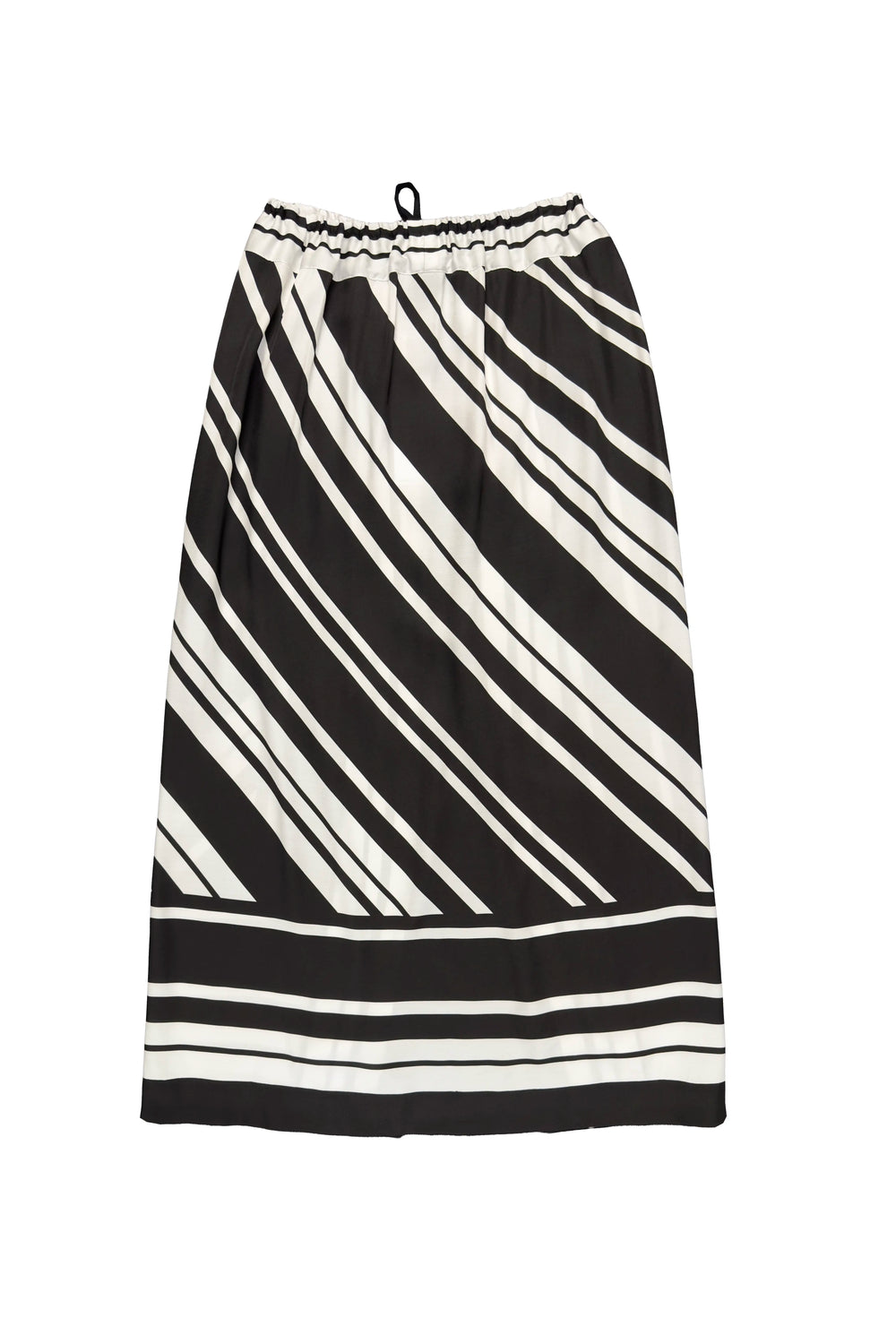 A black and white striped midi skirt with an elastic waistband and drawstring, shown flat against a white background.