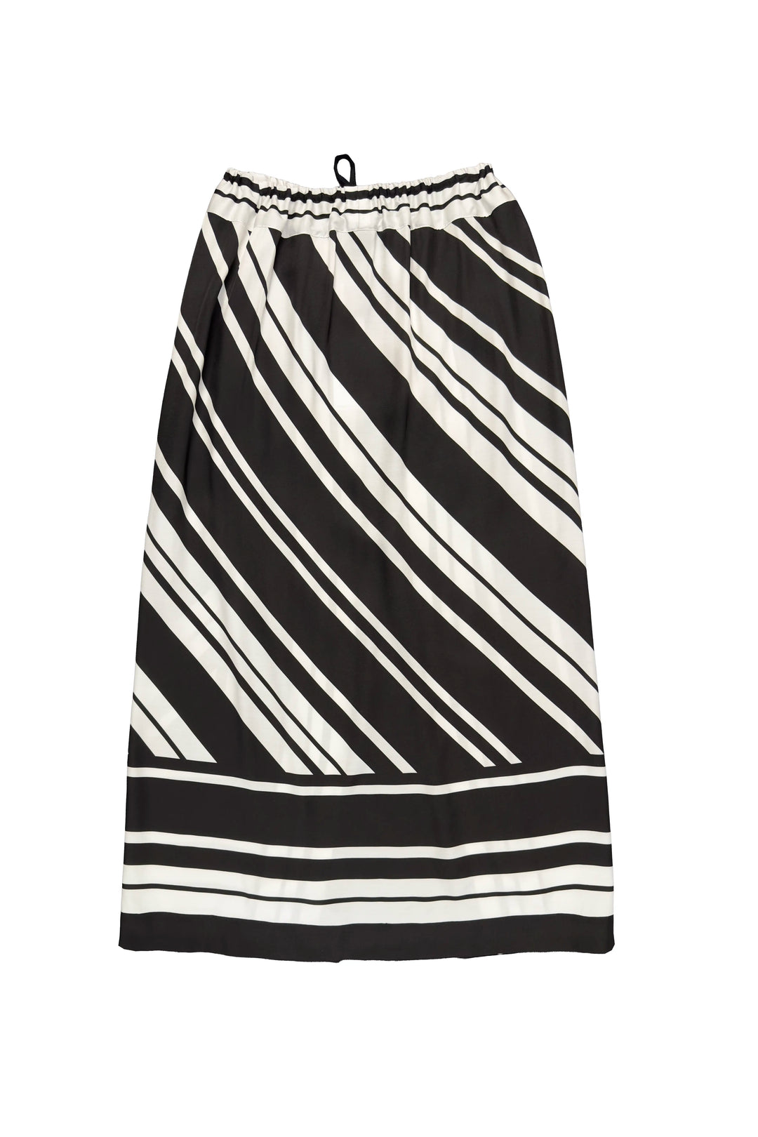 A black and white striped midi skirt with an elastic waistband and drawstring, shown flat against a white background.