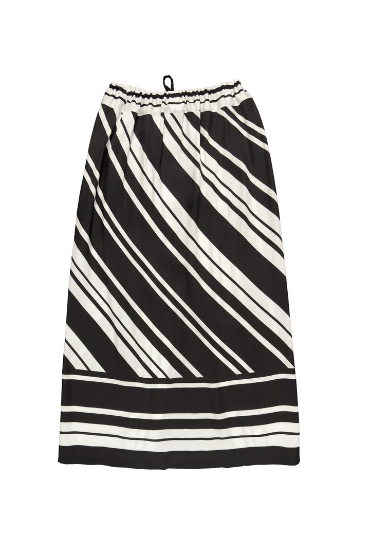 A black and white striped midi skirt with an elastic waistband and drawstring, shown flat against a white background.