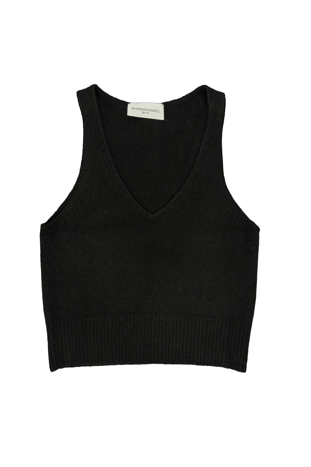 A black knit sleeveless crop top with a V-neckline and ribbed hem, shown flat against a white background.