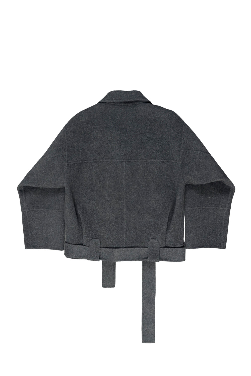 A dark gray cropped jacket with a tie belt, shown from the back against a plain white background.