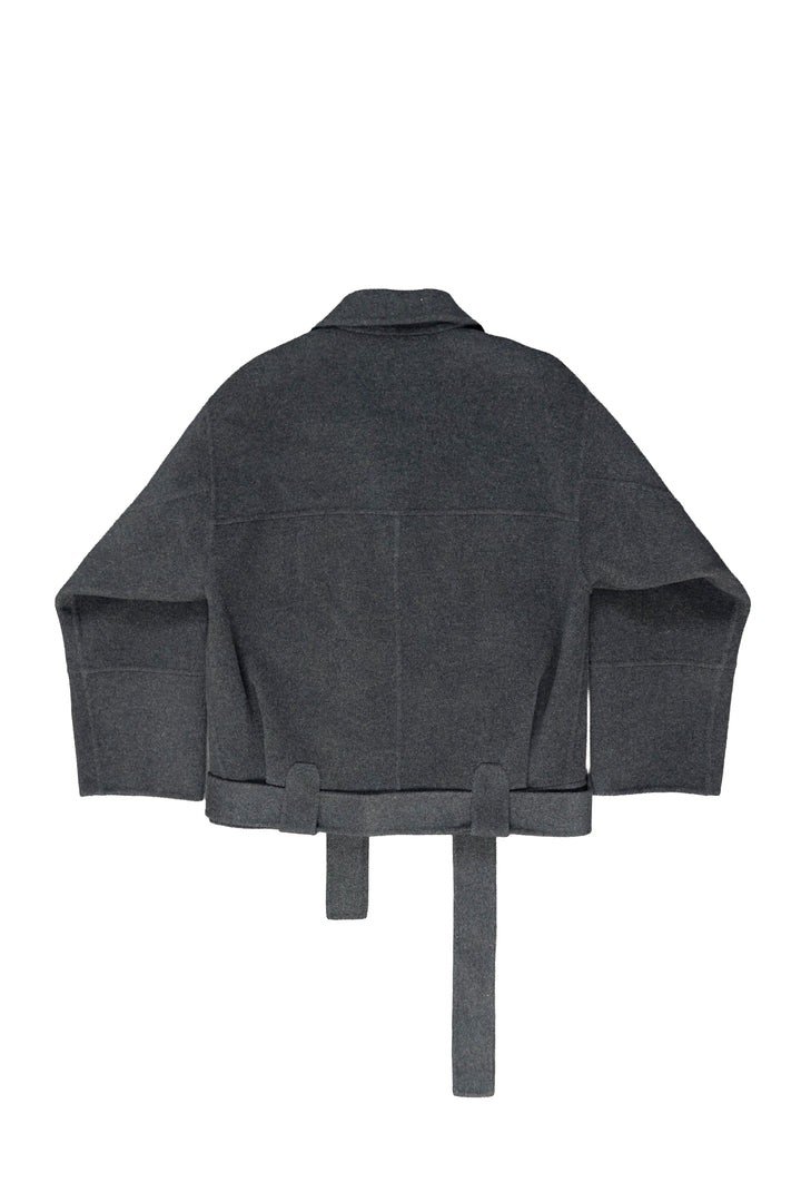 A dark gray cropped jacket with a tie belt, shown from the back against a plain white background.