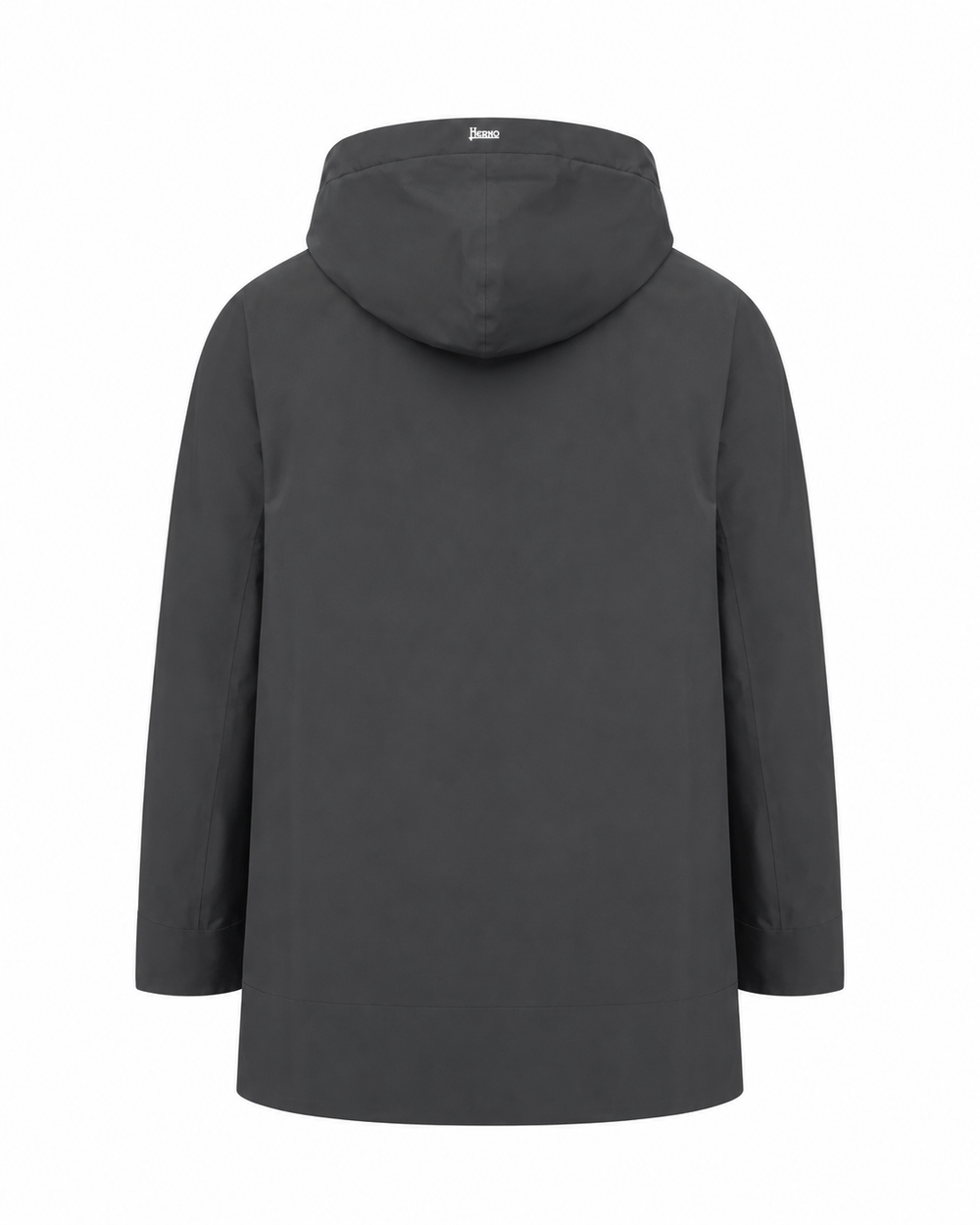 A dark gray hooded jacket shown from the back, featuring a simple, clean silhouette with a small white brand label on the inside of the hood, set against a plain white background.