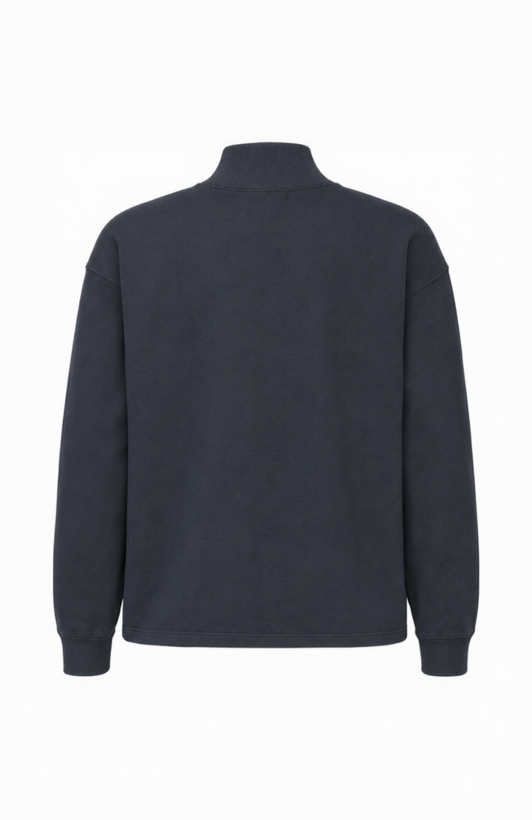 A dark navy blue long-sleeve sweatshirt with a mock neck, shown from the back on a plain white background.