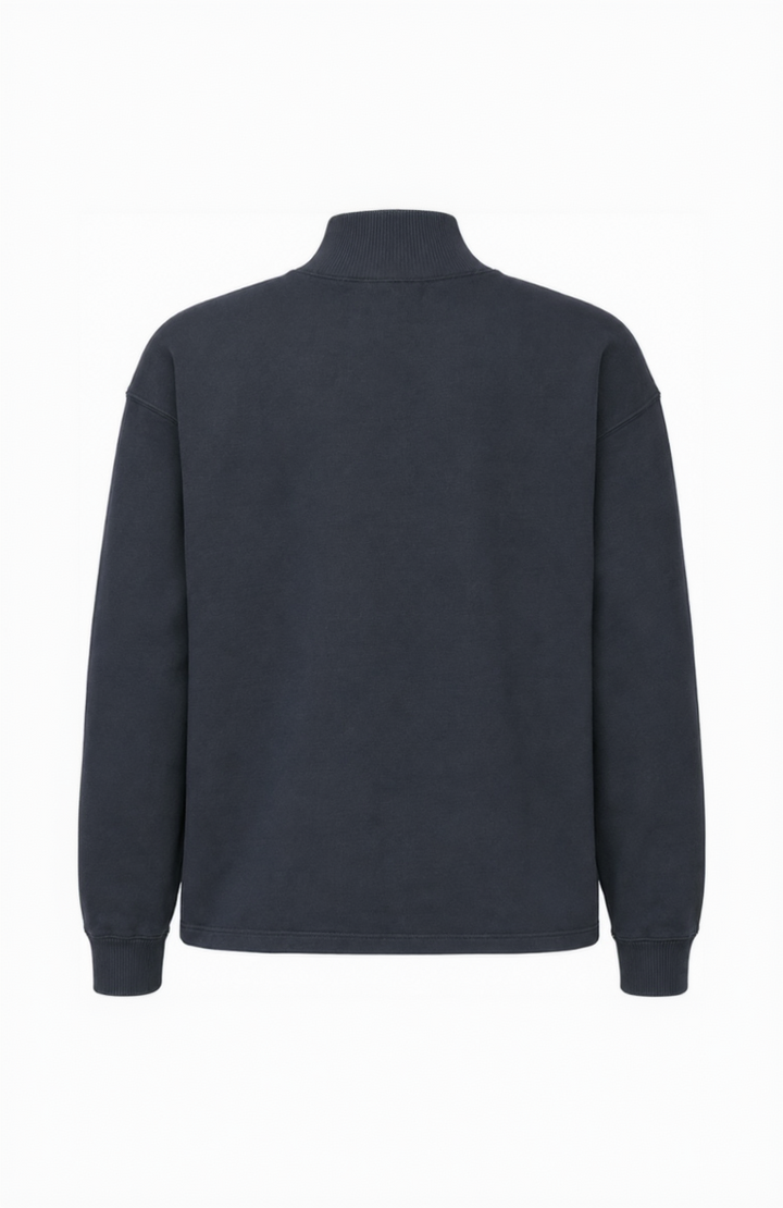 A dark navy blue long-sleeve sweatshirt with a mock neck, shown from the back on a plain white background.