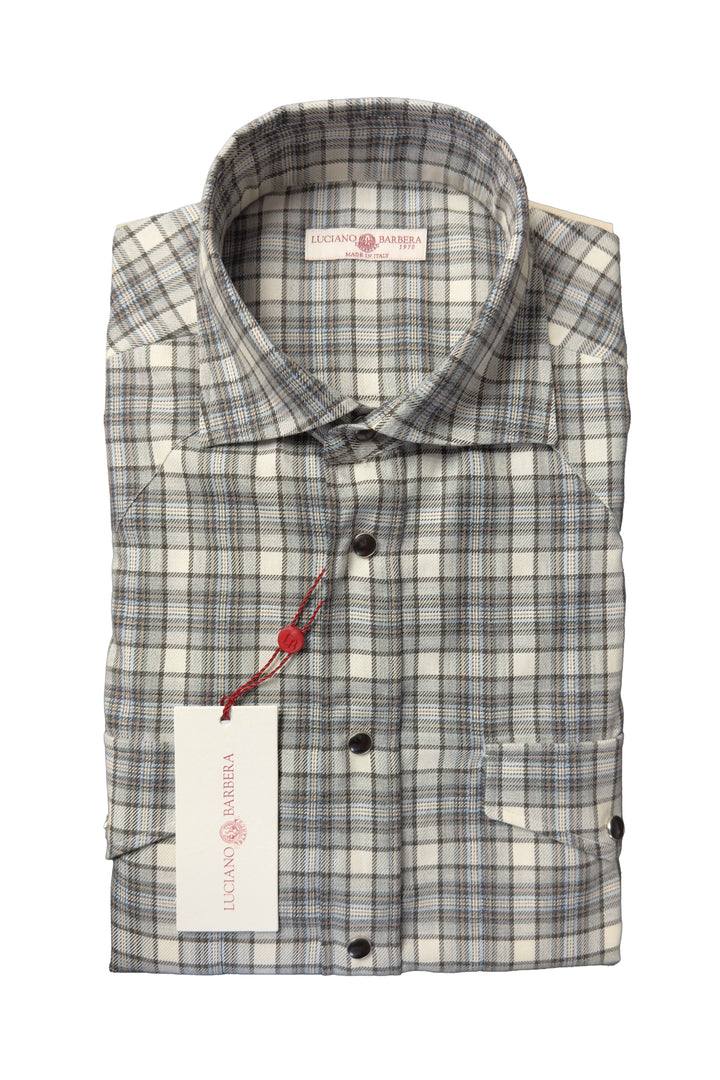 A folded long-sleeve plaid button-down shirt by Luciano Barbera, featuring a white base with gray and black checkered lines, a pointed collar, and a white hangtag with a red cord.