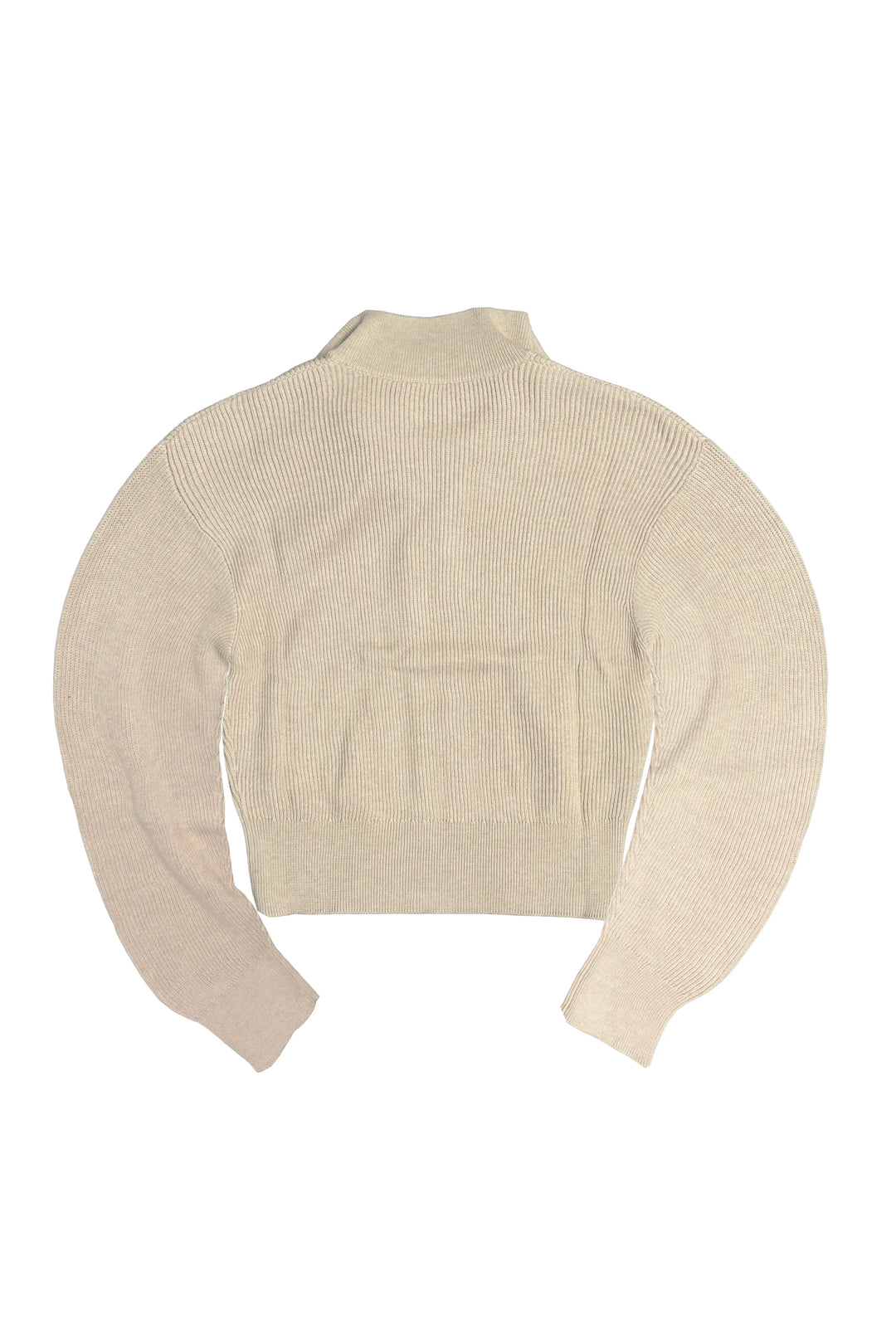 A light beige knit sweater with a mock neck and long sleeves, laid flat against a white background.