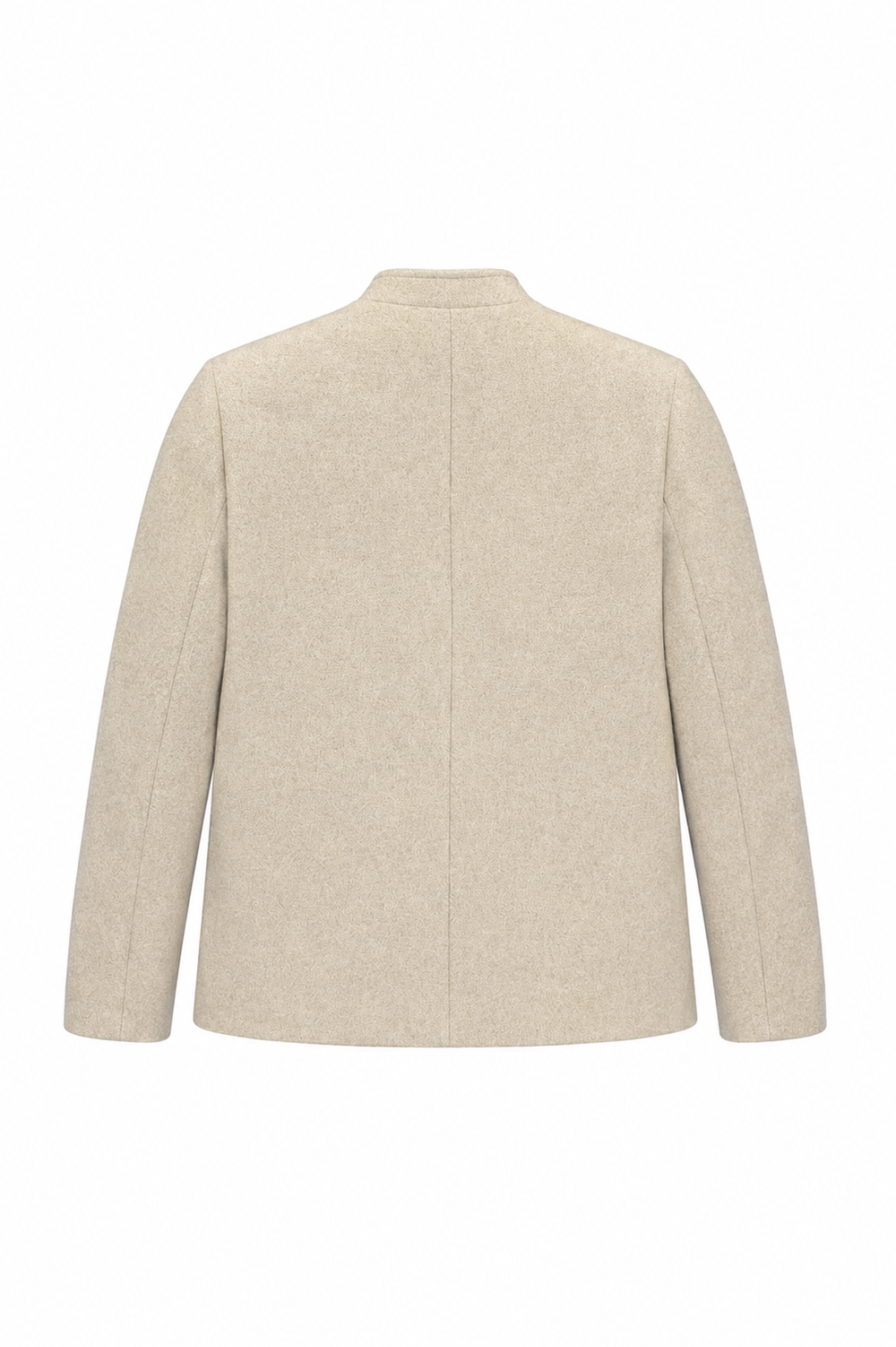 A light beige wool-blend jacket shown from the back, featuring a high mock neck collar and long sleeves, photographed against a solid white background.